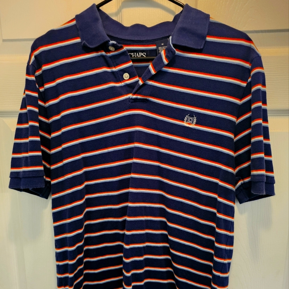 Chaps Blue and White Polo Shirt with Striped Design